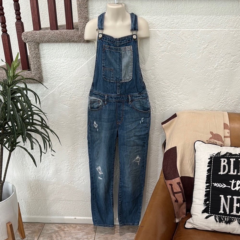 GAP Girls Soft Patchwork Blue Denim Adjustable Straight Leg Overalls Large EUC